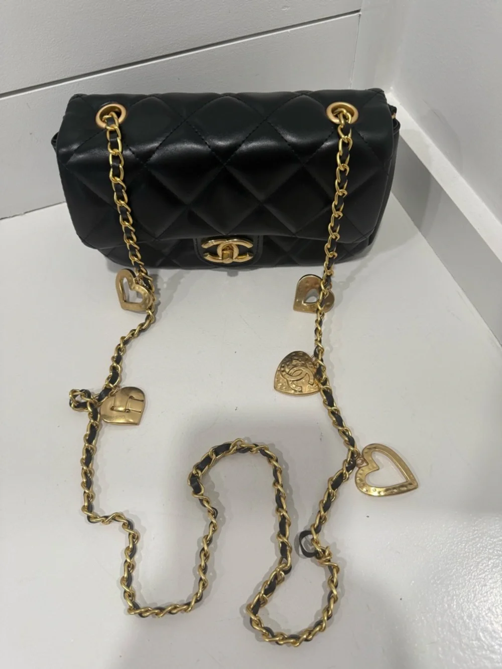 Chanel Black Quilted Leather Mini Crossbody with Gold Chain and Heart Charms - Picture 3 of 8